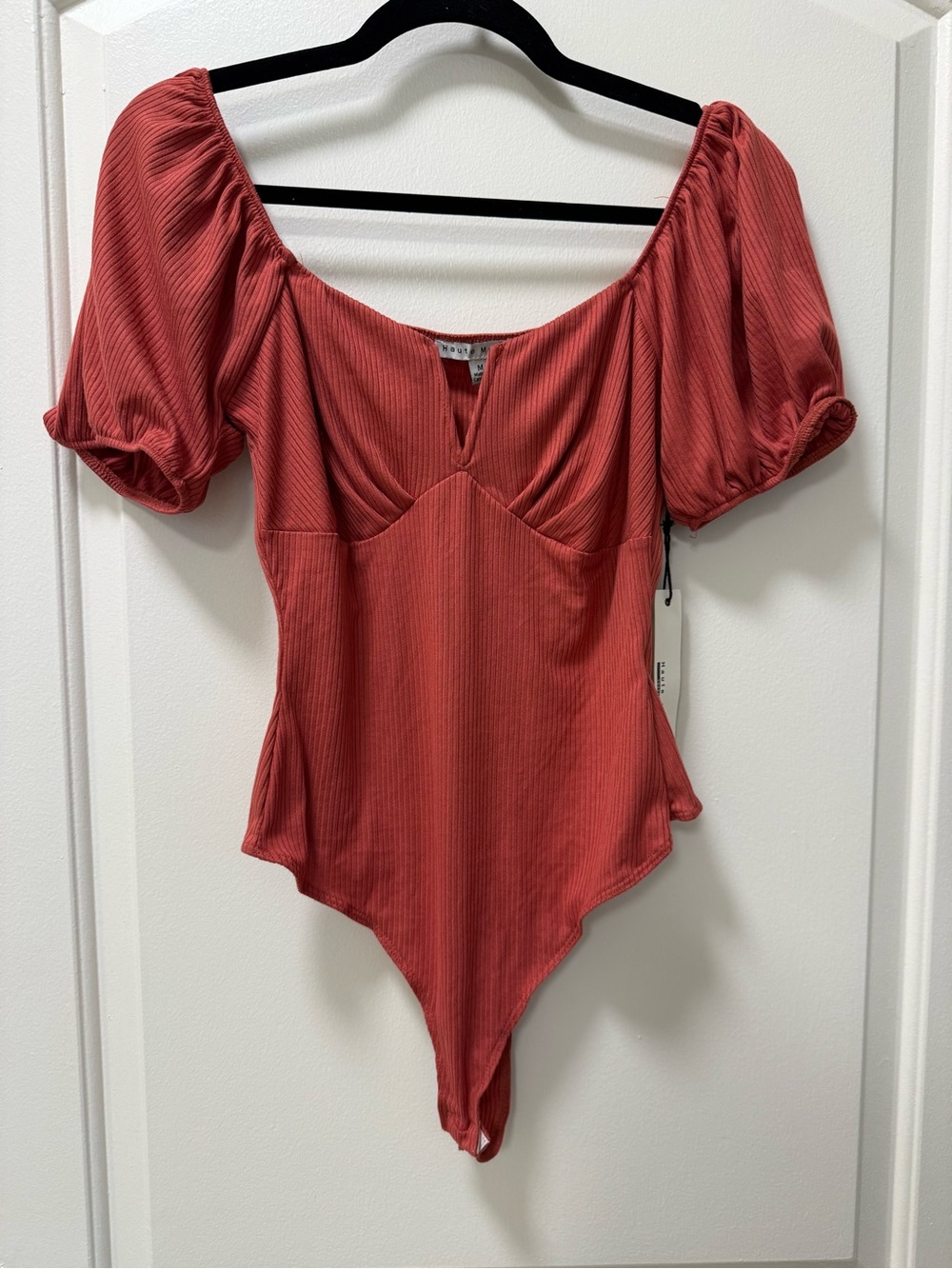 Haute Monde Rust Ribbed Puff-Sleeve Bodysuit